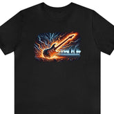 Fire and Lightning Guitar Short Sleeve Tee, classic rock apparel, guitar fashion, Black - Subtle Blue M